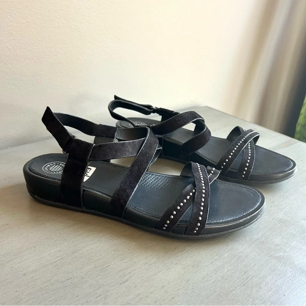 FitFlop Lumy Women Black Strappy Suede Studded Wedge Sandals Sz 8 Comfort